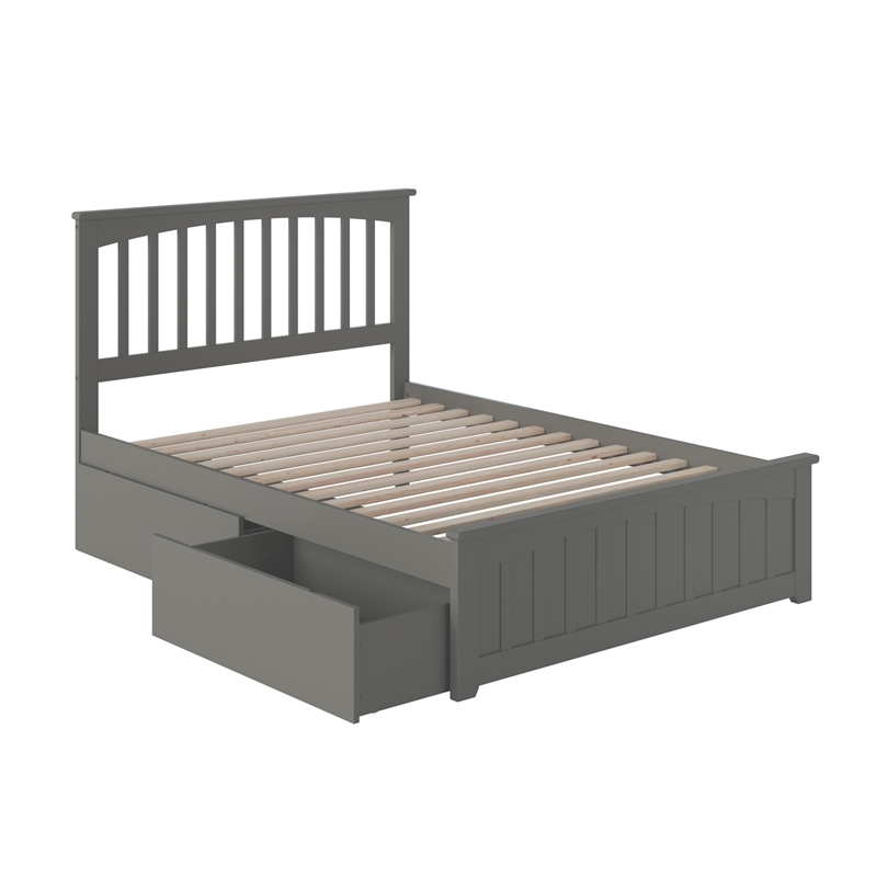 Mission Full Wood Platform Bed with Matching Footboard & Storage Drawers in Grey