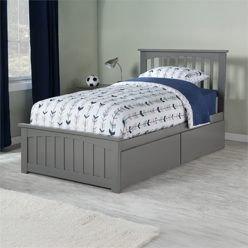 Mission Twin XL Platform Bed with Matching Footboard & Storage Drawers in Grey