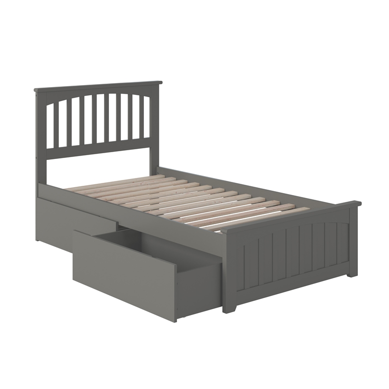Mission Twin XL Platform Bed with Matching Footboard & Storage Drawers in Grey