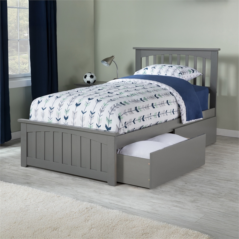 Mission Twin XL Platform Bed with Matching Footboard & Storage Drawers in Grey