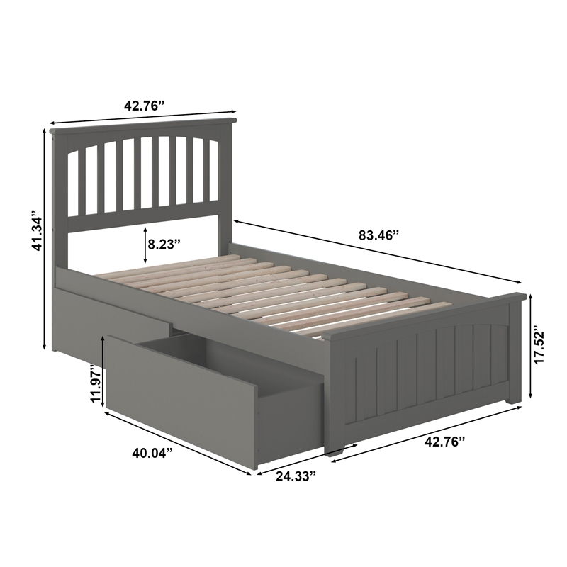 Mission Twin XL Platform Bed with Matching Footboard & Storage Drawers in Grey