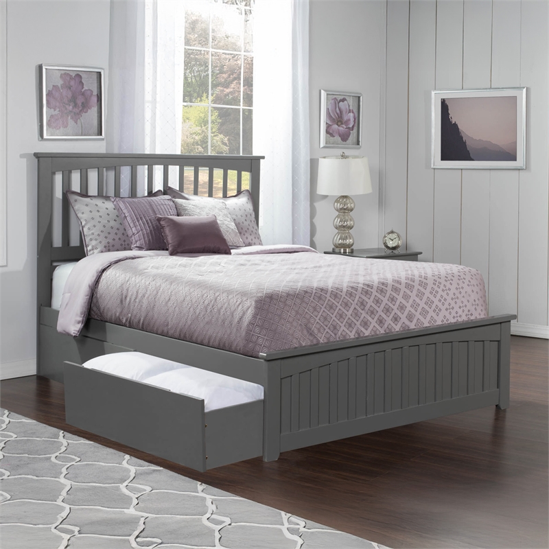 Mission Queen Platform Bed with Matching Footboard & Storage Drawers in Grey