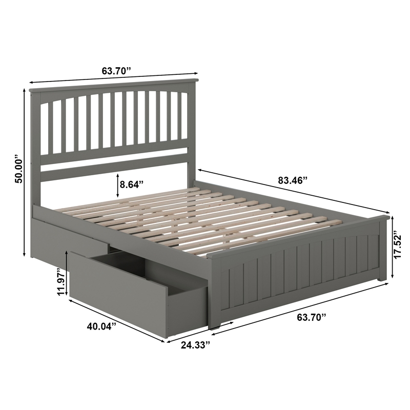 Mission Queen Platform Bed with Matching Footboard & Storage Drawers in Grey