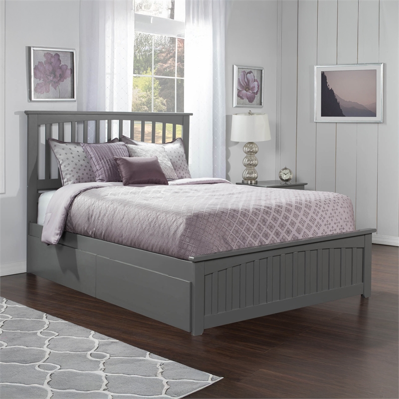 Mission Queen Platform Bed with Matching Footboard & Storage Drawers in Grey