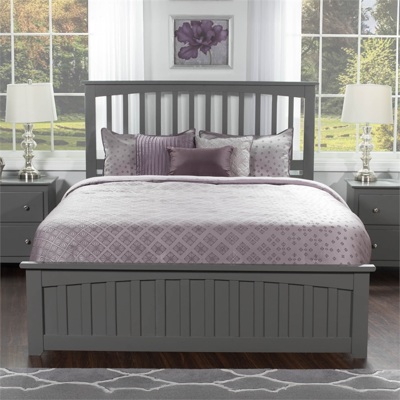 Mission Queen Platform Bed with Matching Footboard & Storage Drawers in Grey