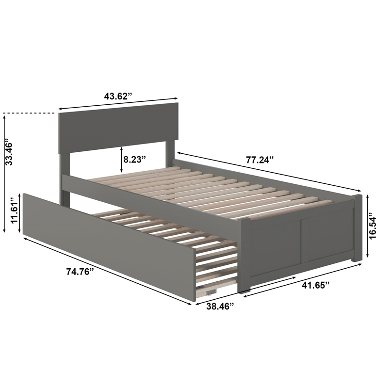 Orlando Twin Wood Platform Bed with Footboard and Twin Trundle in Grey