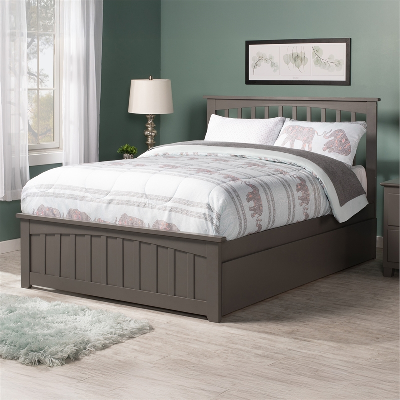 Mission Full Wood Platform Bed with Matching Footboard & Twin Trundle in Grey