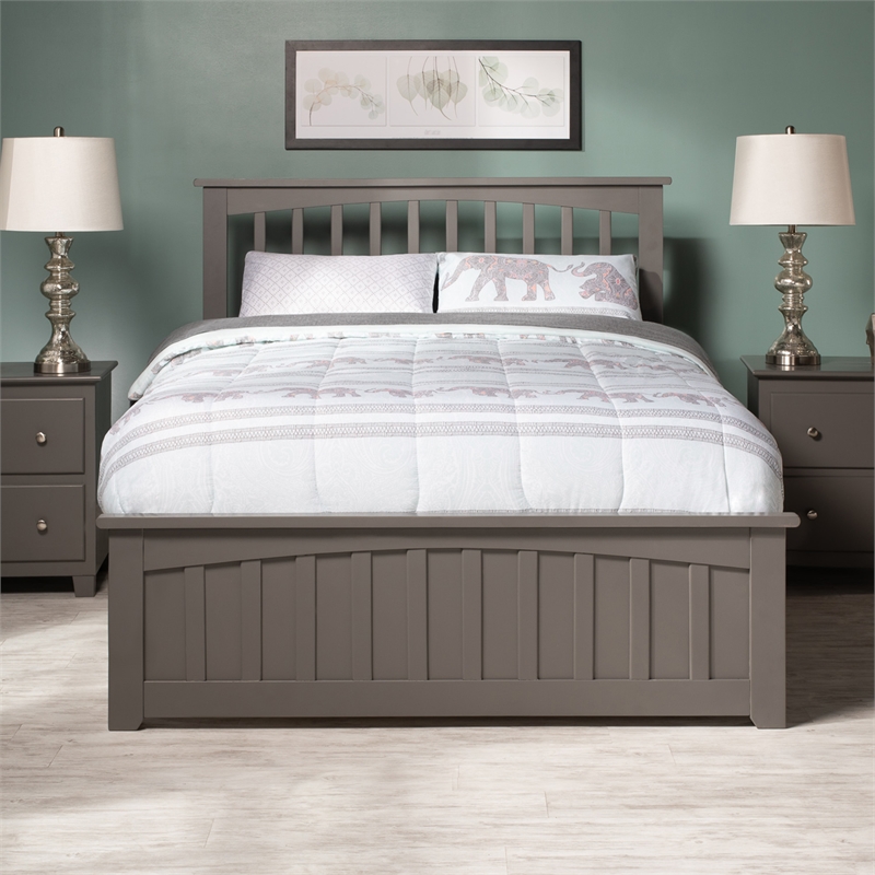 Mission Full Wood Platform Bed with Matching Footboard & Twin Trundle in Grey