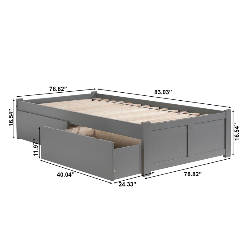 AFI Concord Full Solid Wood Platform Bed with Storage Drawers in Gray