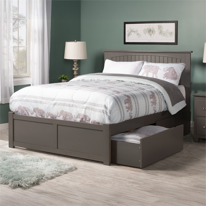 Nantucket Full Wood Platform Bed with Footboard and Storage Drawers in Grey
