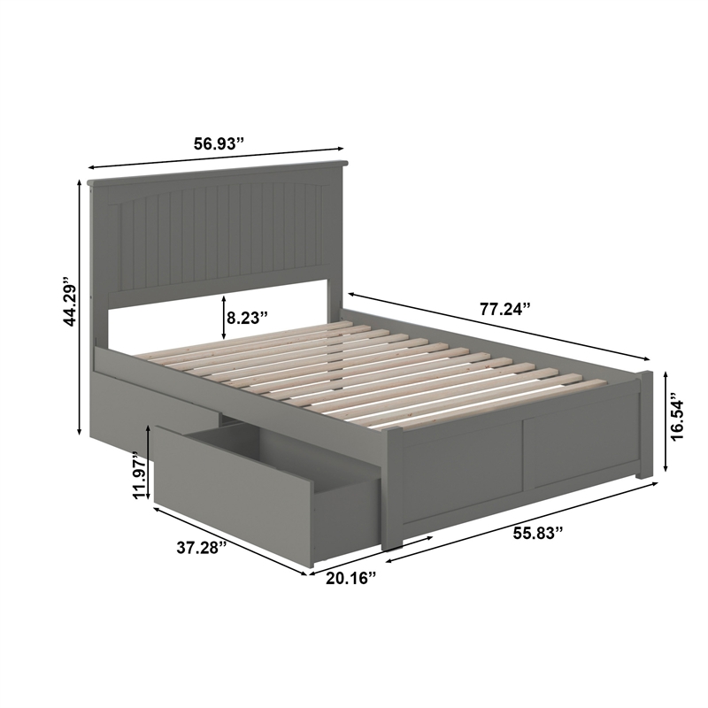 Nantucket Full Wood Platform Bed with Footboard and Storage Drawers in Grey