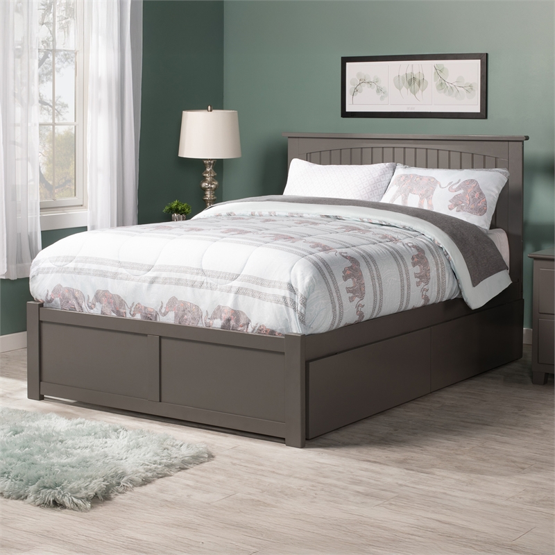 Nantucket Full Wood Platform Bed with Footboard and Storage Drawers in Grey
