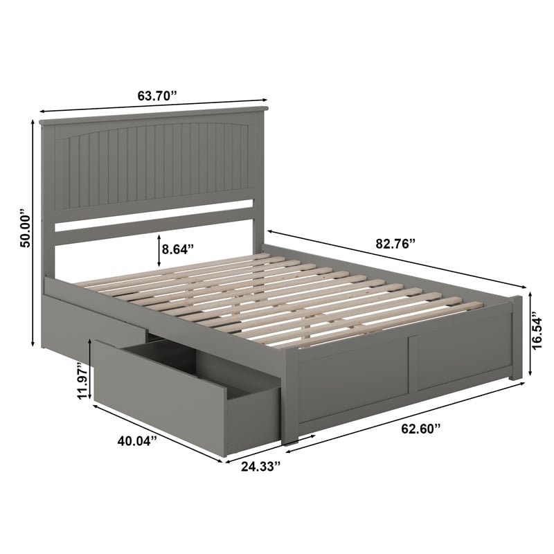Nantucket Queen Wood Platform Bed with Footboard and Storage Drawers in Grey
