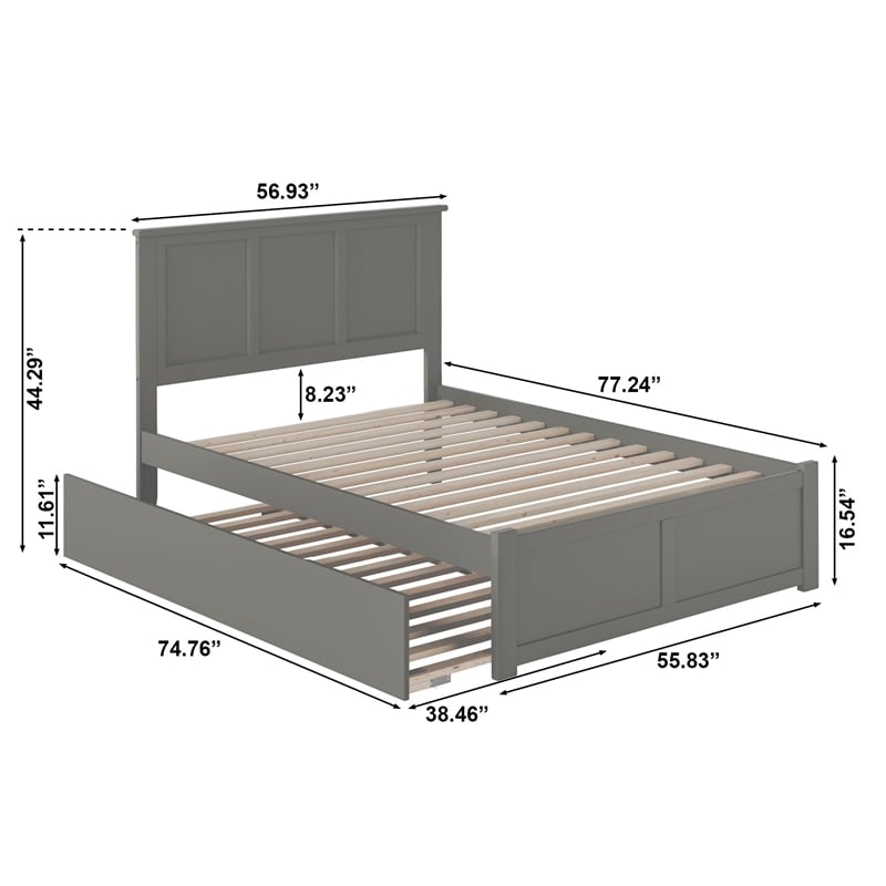 Madison Full Wood Platform Bed with Footboard and Twin Trundle in Grey