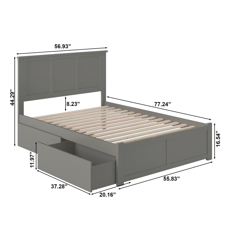 Madison Full Wood Platform Bed with Footboard and Storage Drawers in Grey