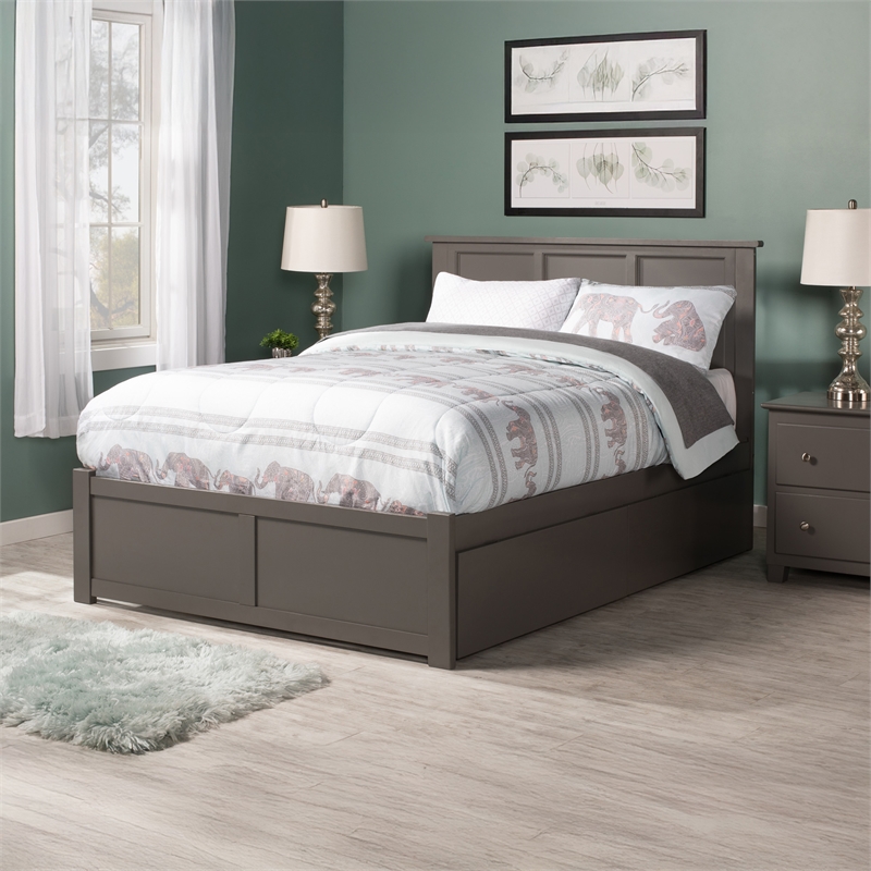 Madison Full Wood Platform Bed with Footboard and Storage Drawers in Grey