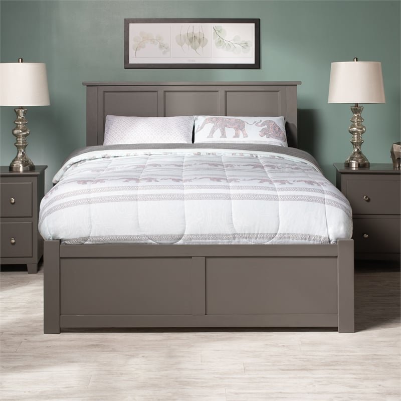 Madison Full Wood Platform Bed with Footboard and Storage Drawers in Grey