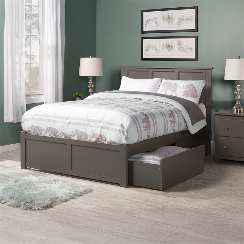 Madison Queen Wood Platform Bed with Footboard and Storage Drawers in Grey
