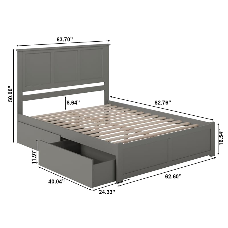 Madison Queen Wood Platform Bed with Footboard and Storage Drawers in Grey
