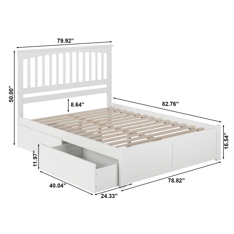 Mission King Wood Platform Bed with Footboard & Storage Drawers in White