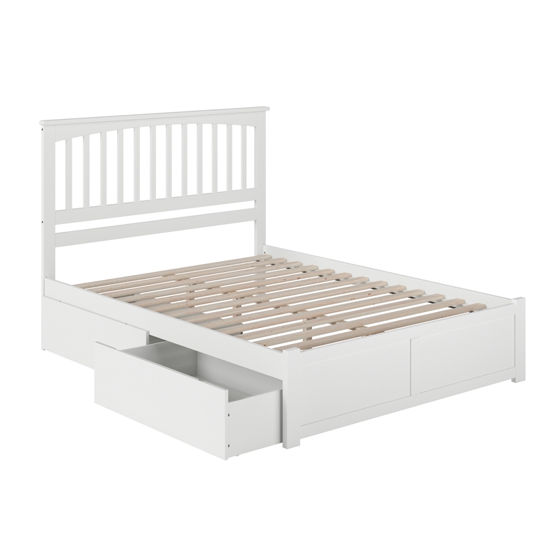 Mission King Wood Platform Bed with Footboard & Storage Drawers in White