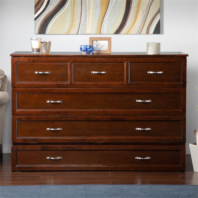 Deerfield Queen Solid Wood Modern Murphy Bed Chest with Mattress in Walnut