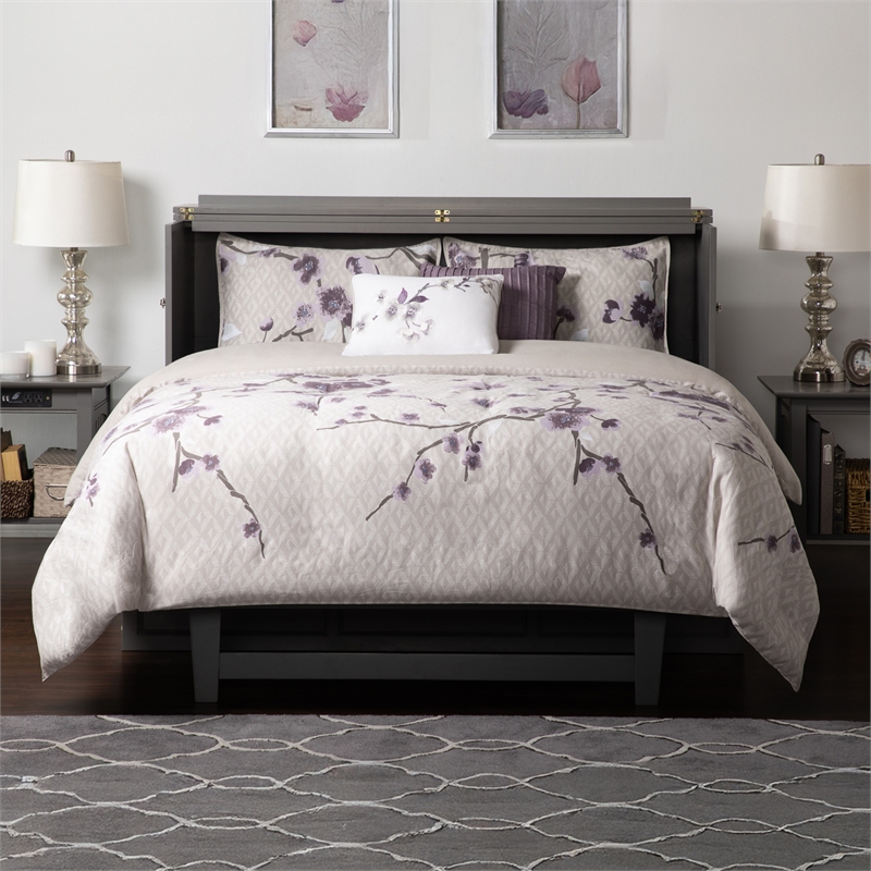 Deerfield Queen Solid Wood Modern Murphy Bed Chest with Mattress in Gray