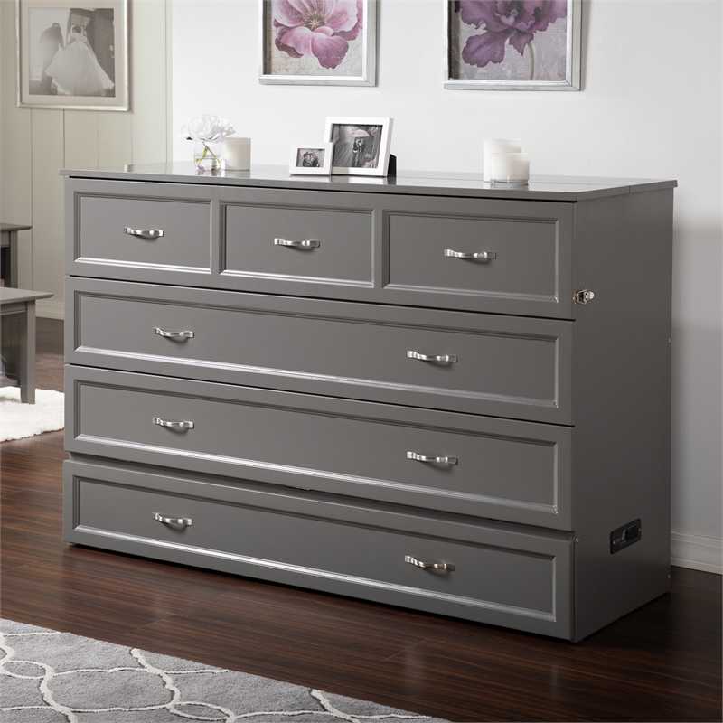 Deerfield Queen Solid Wood Modern Murphy Bed Chest with Mattress in Gray