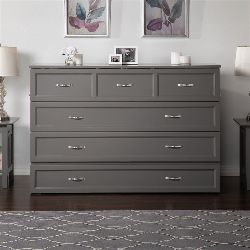 Deerfield Queen Solid Wood Modern Murphy Bed Chest with Mattress in Gray