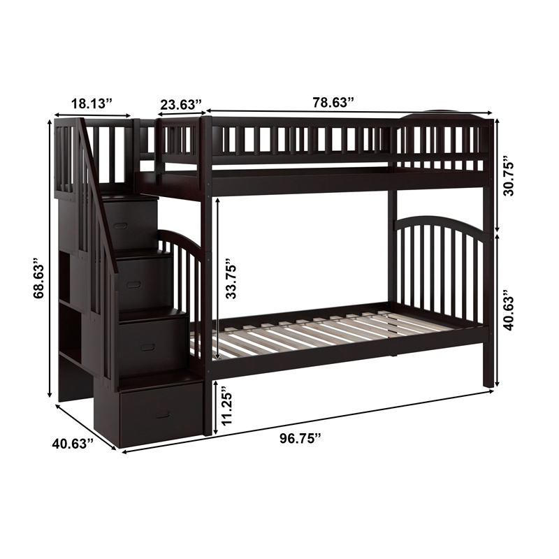 AFI Westbrook Solid Wood Staircase Bunk Twin Over Twin in Espresso