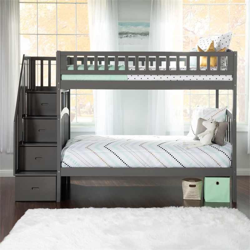 AFI Westbrook Solid Wood Staircase Bunk Twin Over Twin in Grey