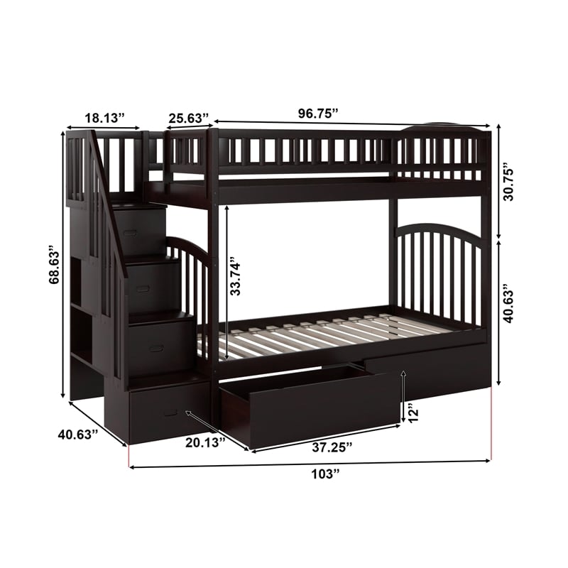 AFI Westbrook Wood Staircase Storage Bunk Twin Over Twin in Espresso