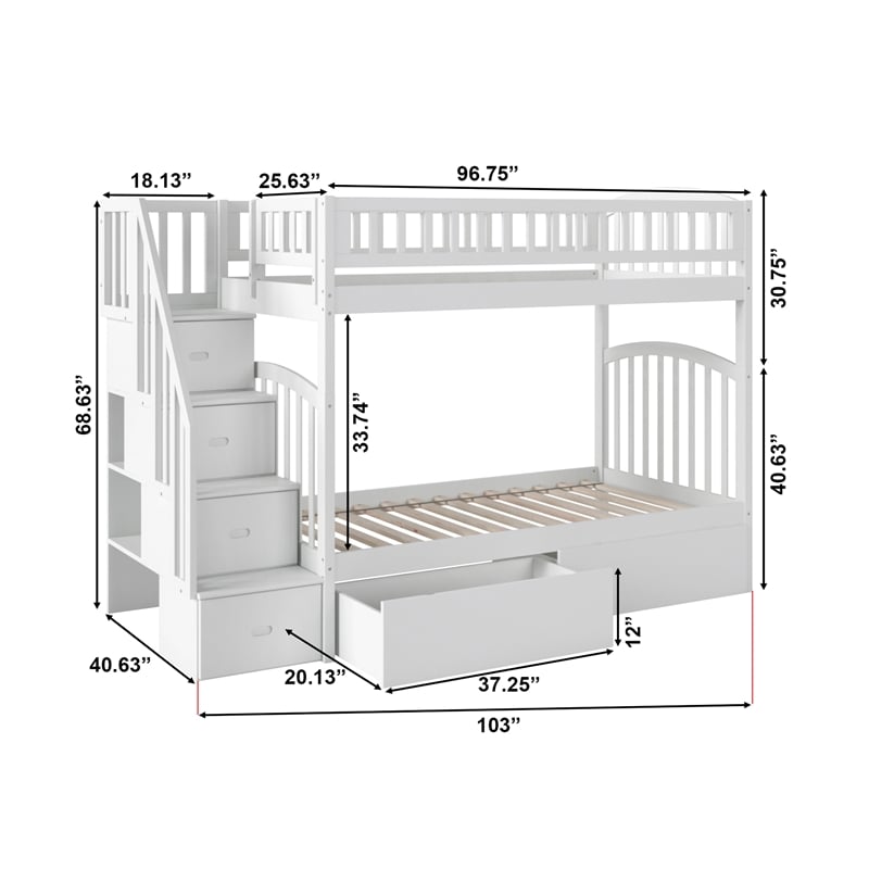AFI Westbrook Wood Staircase Storage Bunk Twin Over Twin in White