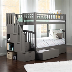 AFI Westbrook Wood Staircase Storage Bunk Twin Over Twin in Grey