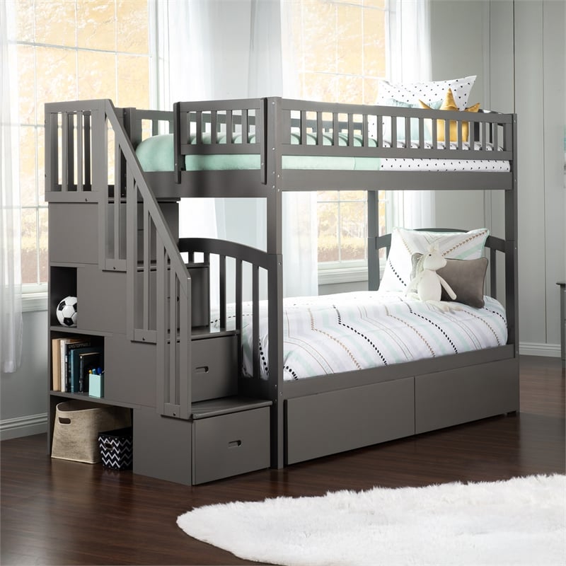 AFI Westbrook Wood Staircase Storage Bunk Twin Over Twin in Grey