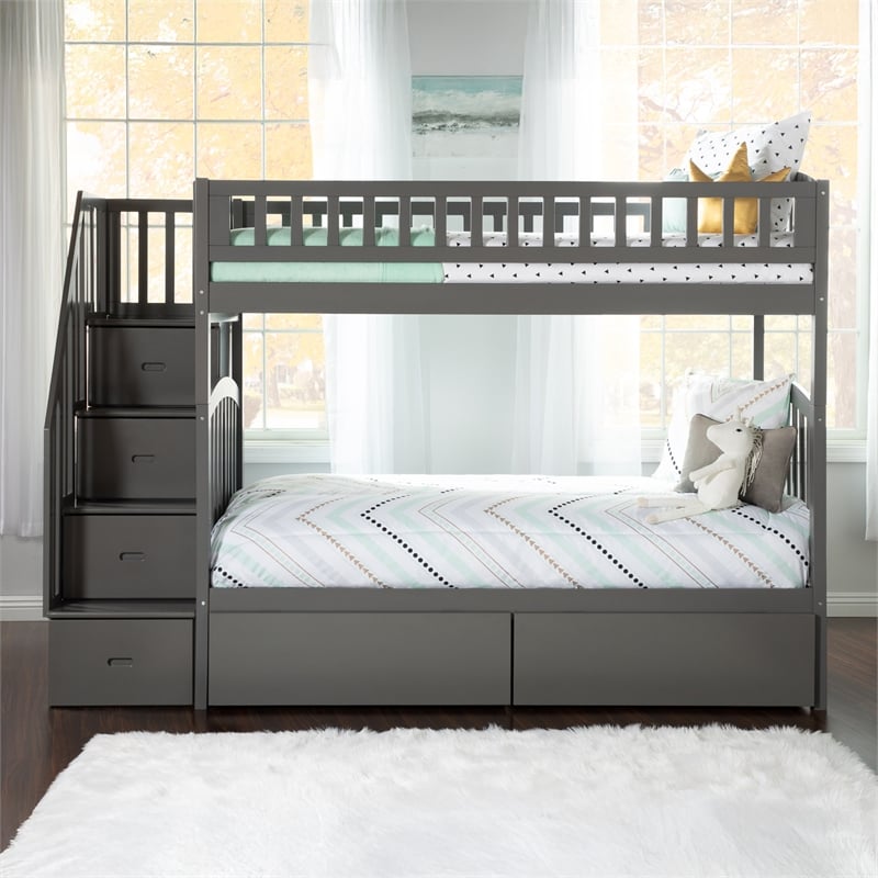 AFI Westbrook Wood Staircase Storage Bunk Twin Over Twin in Grey