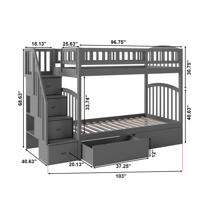 AFI Westbrook Wood Staircase Storage Bunk Twin Over Twin in Grey