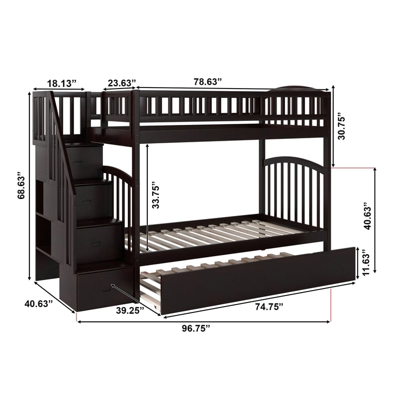 AFI Westbrook Wood Staircase Bunk Twin Over Twin with Twin Trundle in Espresso