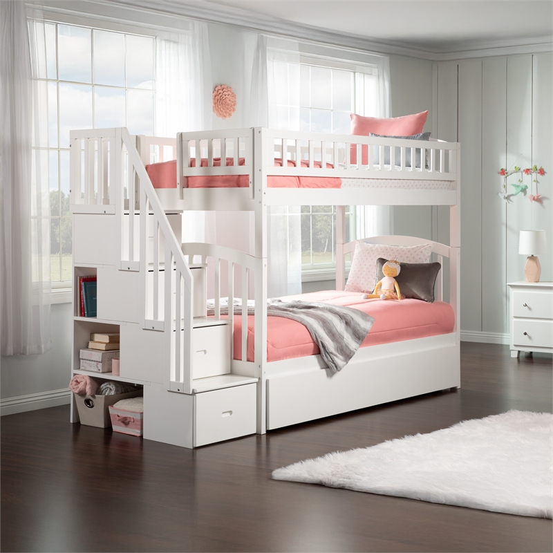 AFI Westbrook Wood Staircase Bunk Twin Over Twin with Twin Trundle in White