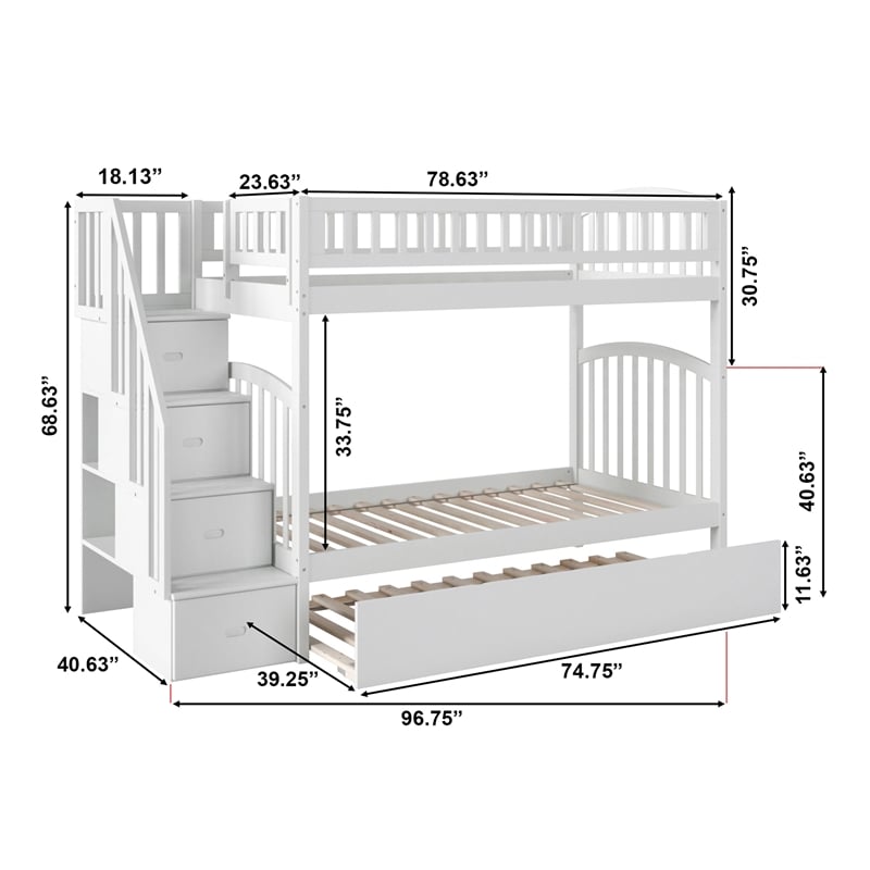 AFI Westbrook Wood Staircase Bunk Twin Over Twin with Twin Trundle in White