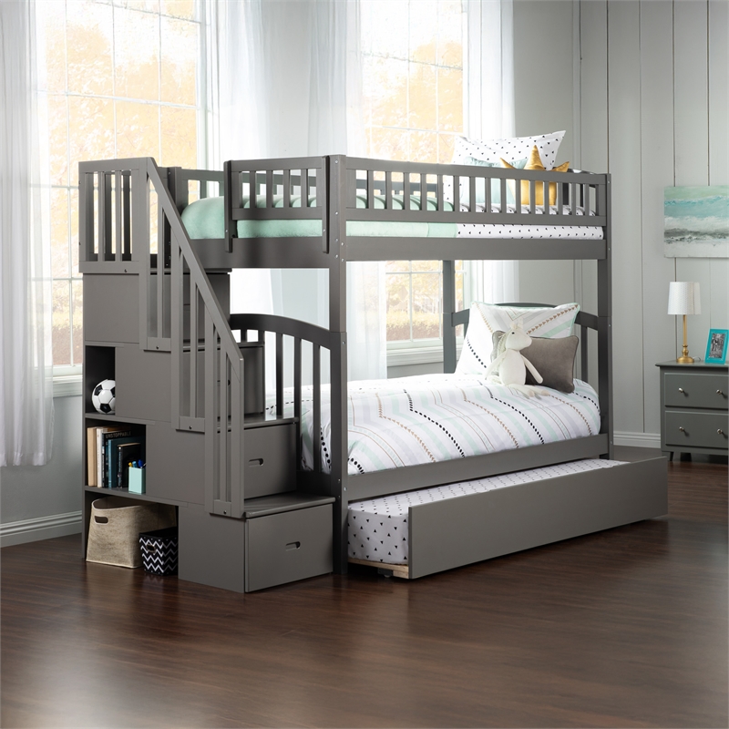 AFI Westbrook Wood Staircase Bunk Twin Over Twin with Twin Trundle in Grey