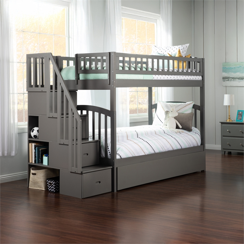 AFI Westbrook Wood Staircase Bunk Twin Over Twin with Twin Trundle in Grey