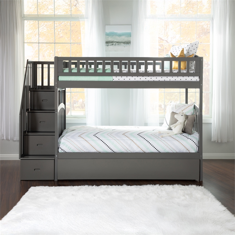 AFI Westbrook Wood Staircase Bunk Twin Over Twin with Twin Trundle in Grey