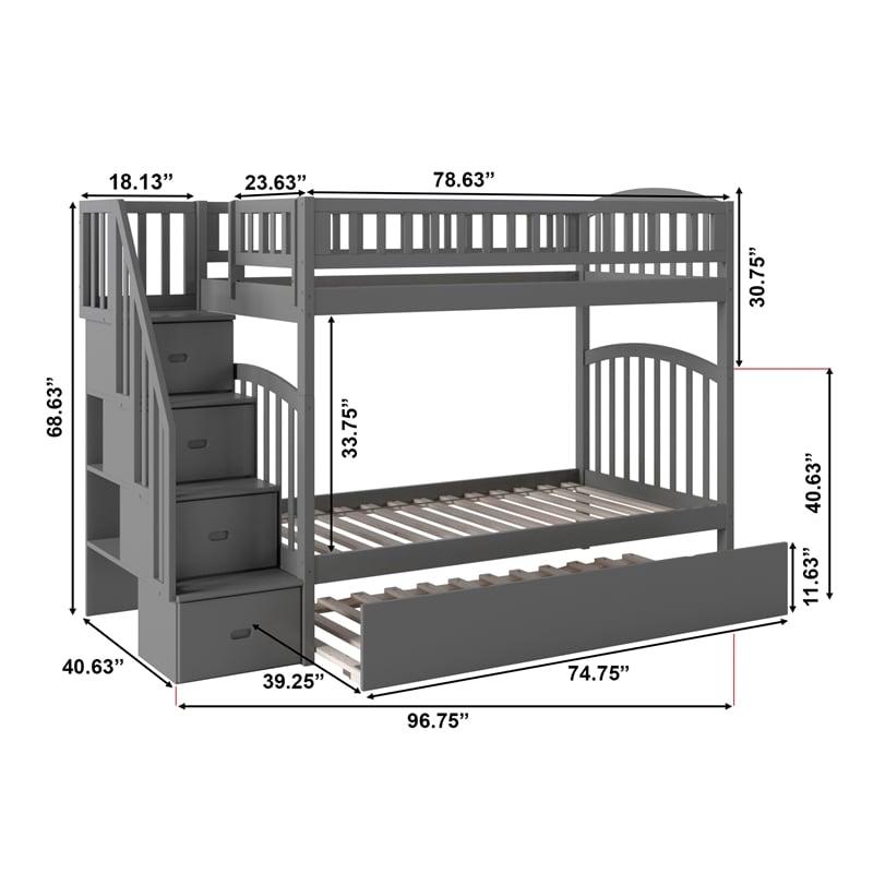 AFI Westbrook Wood Staircase Bunk Twin Over Twin with Twin Trundle in Grey