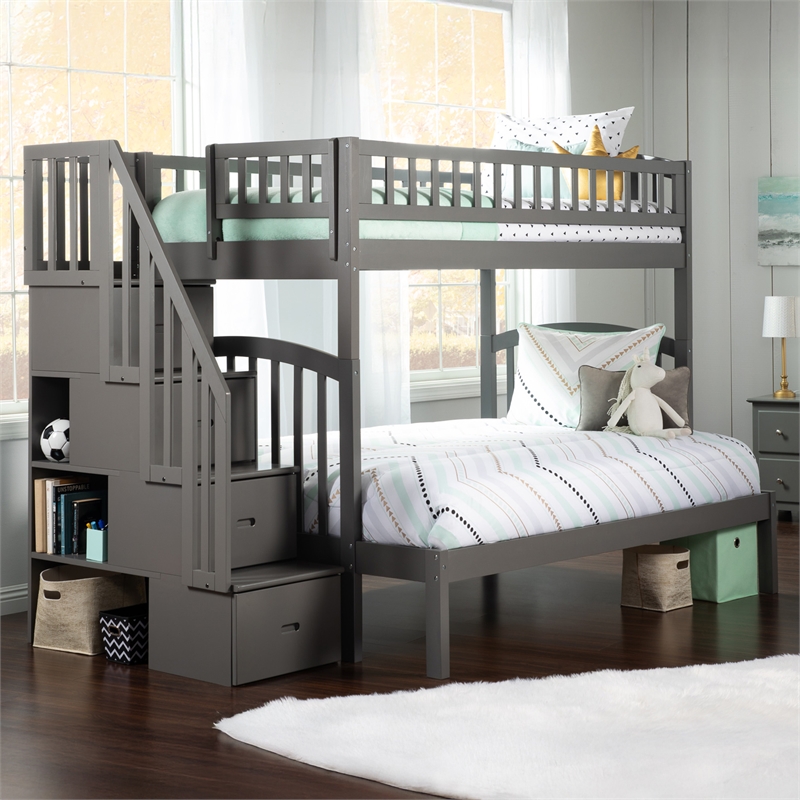 AFI Westbrook Solid Wood Staircase Bunk Twin Over Full in Grey