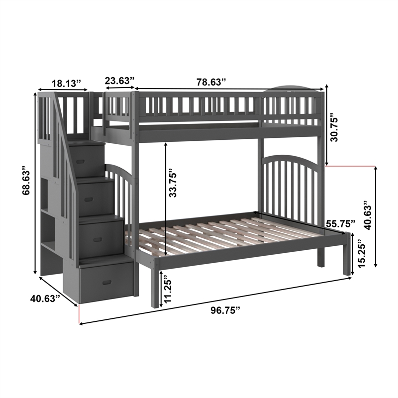 AFI Westbrook Solid Wood Staircase Bunk Twin Over Full in Grey