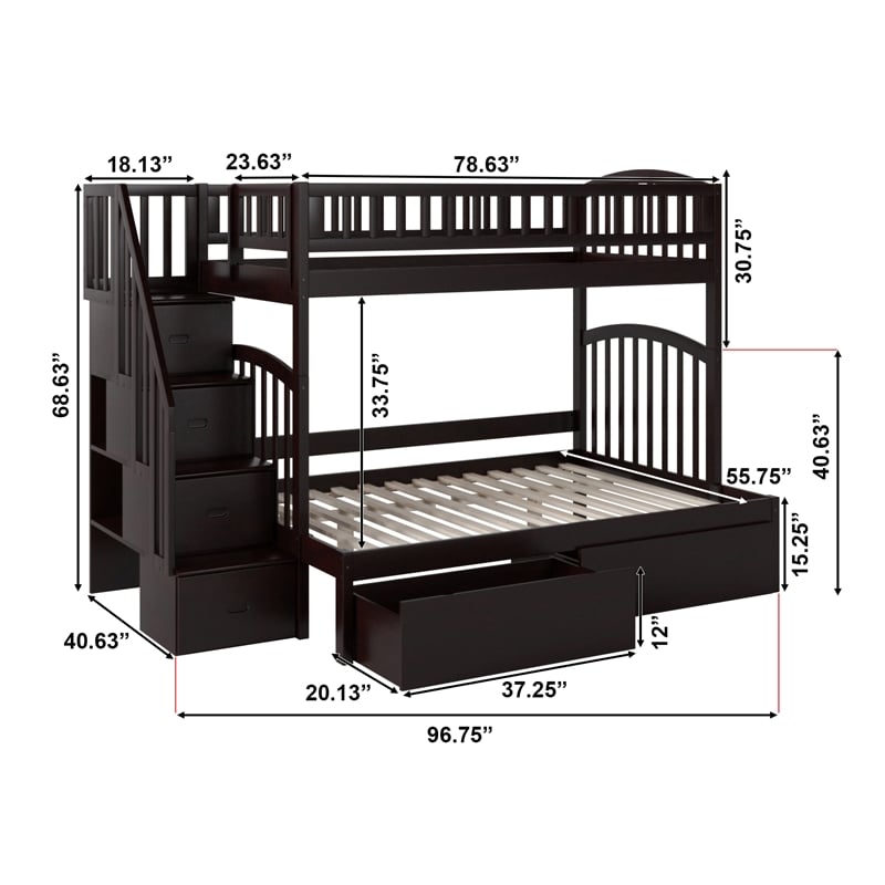 AFI Westbrook Wood Staircase Storage Bunk Twin Over Full in Espresso