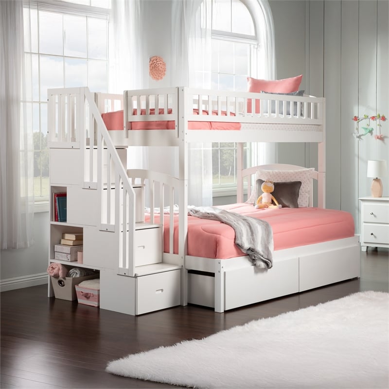 AFI Westbrook Wood Staircase Storage Bunk Twin Over Full in White