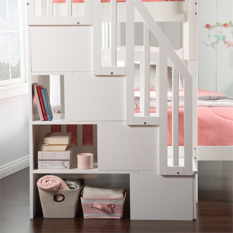 AFI Westbrook Wood Staircase Storage Bunk Twin Over Full in White