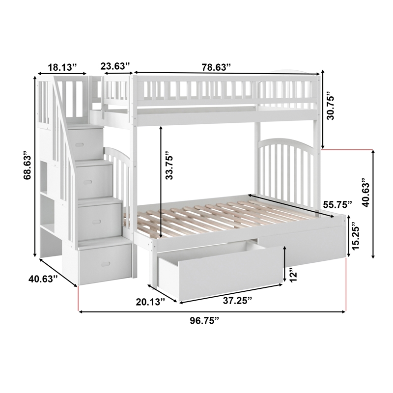 AFI Westbrook Wood Staircase Storage Bunk Twin Over Full in White
